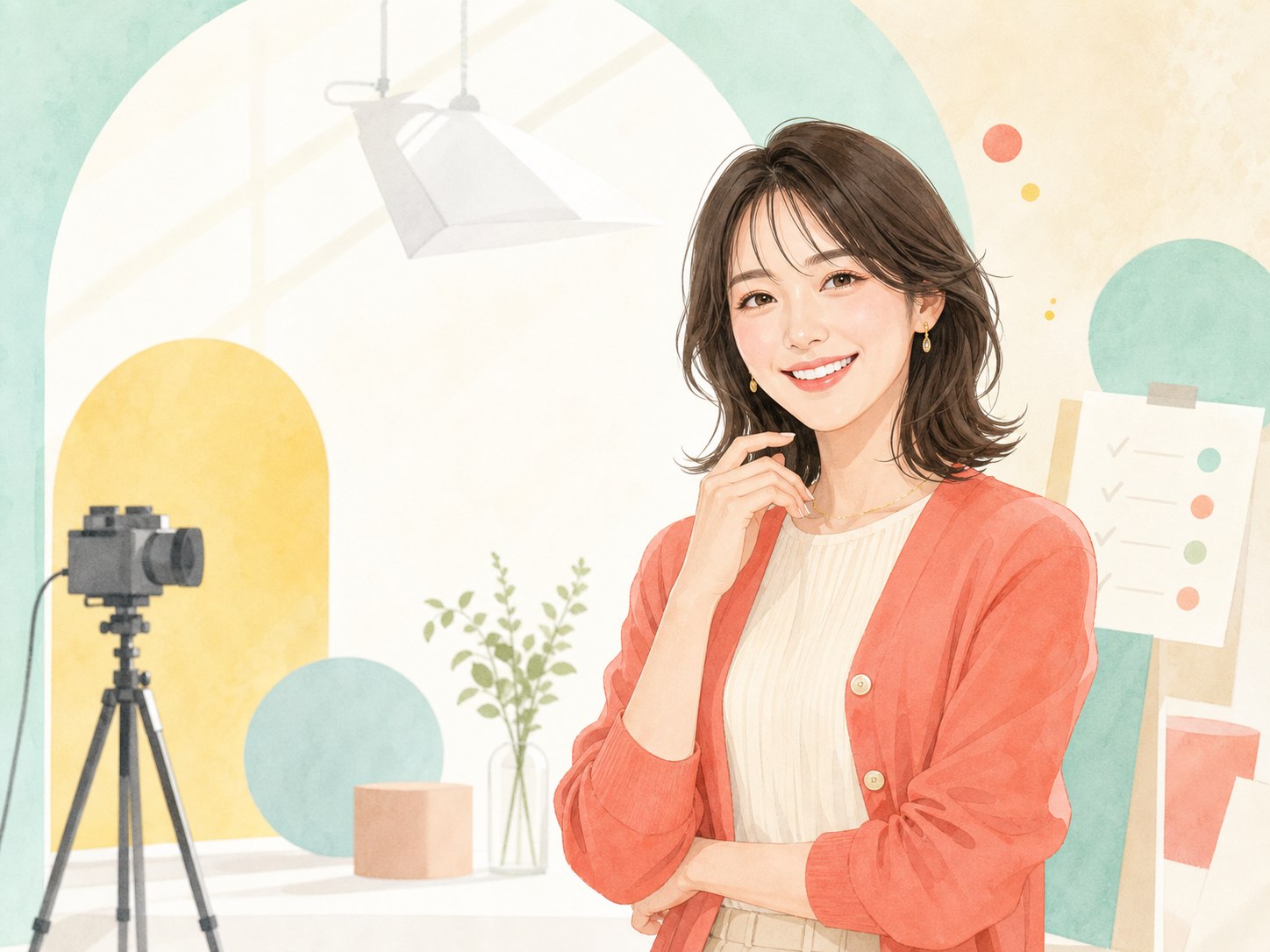 明るい撮影スタジオで優しく微笑む成人女性のポップなイラスト